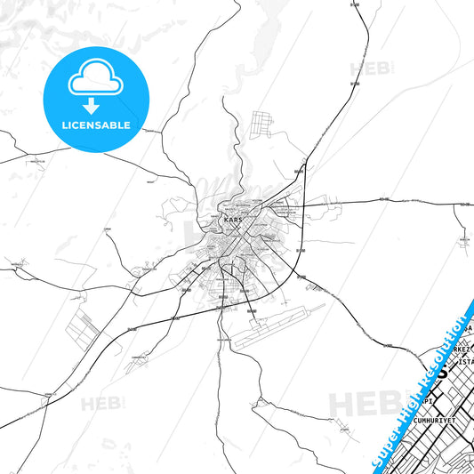 Kars, Turkey light map with streetnames, citynames and districts
