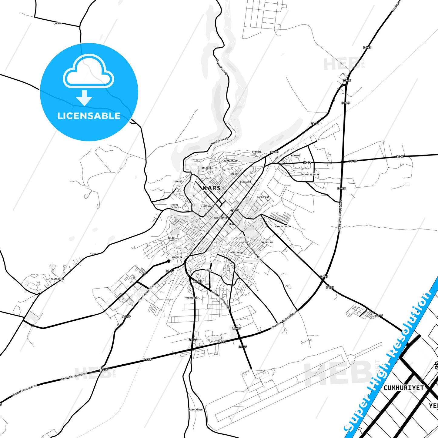 Kars, Turkey Light Map with Street Names, City Names, and Districts