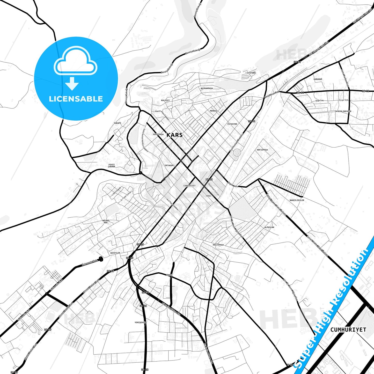 Kars, Turkey Light Map with Street Names, City Names, and Districts