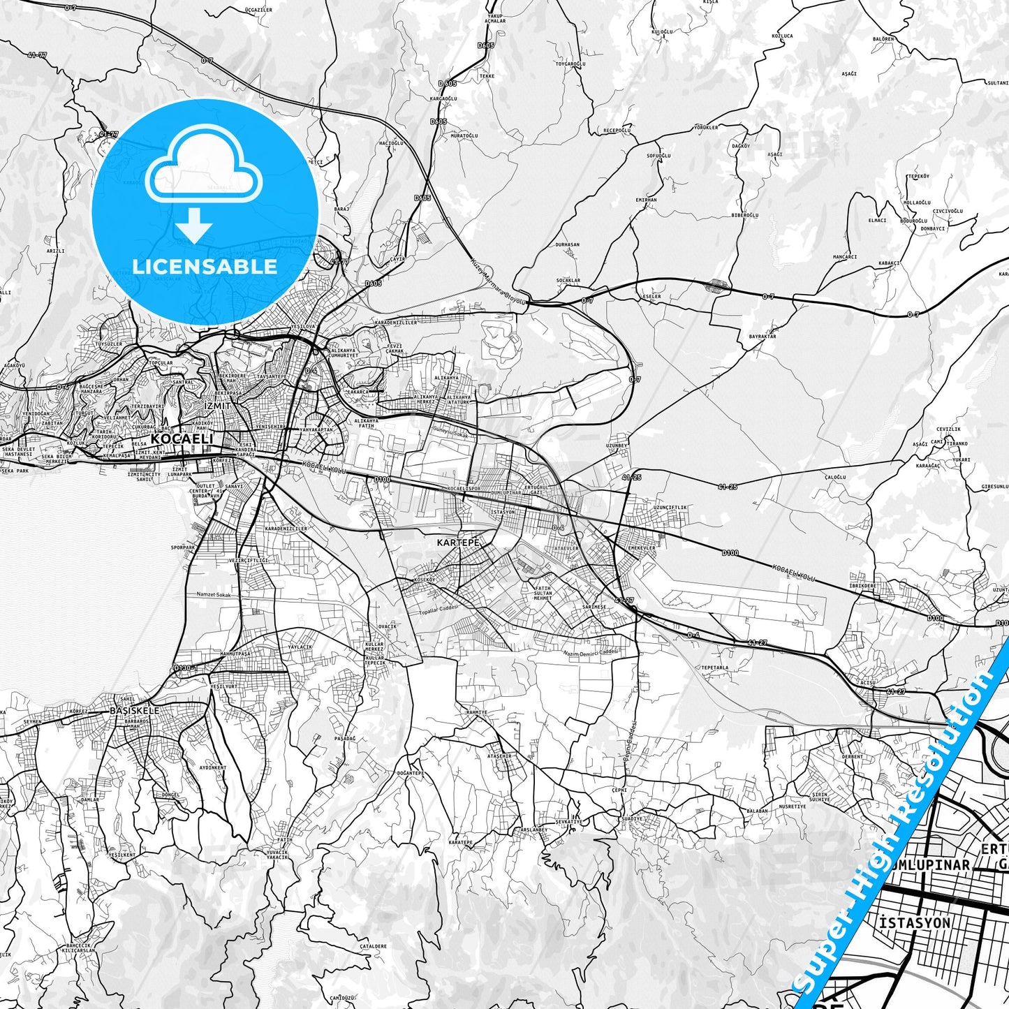 Kartepe, Turkey light map with streetnames, citynames and districts