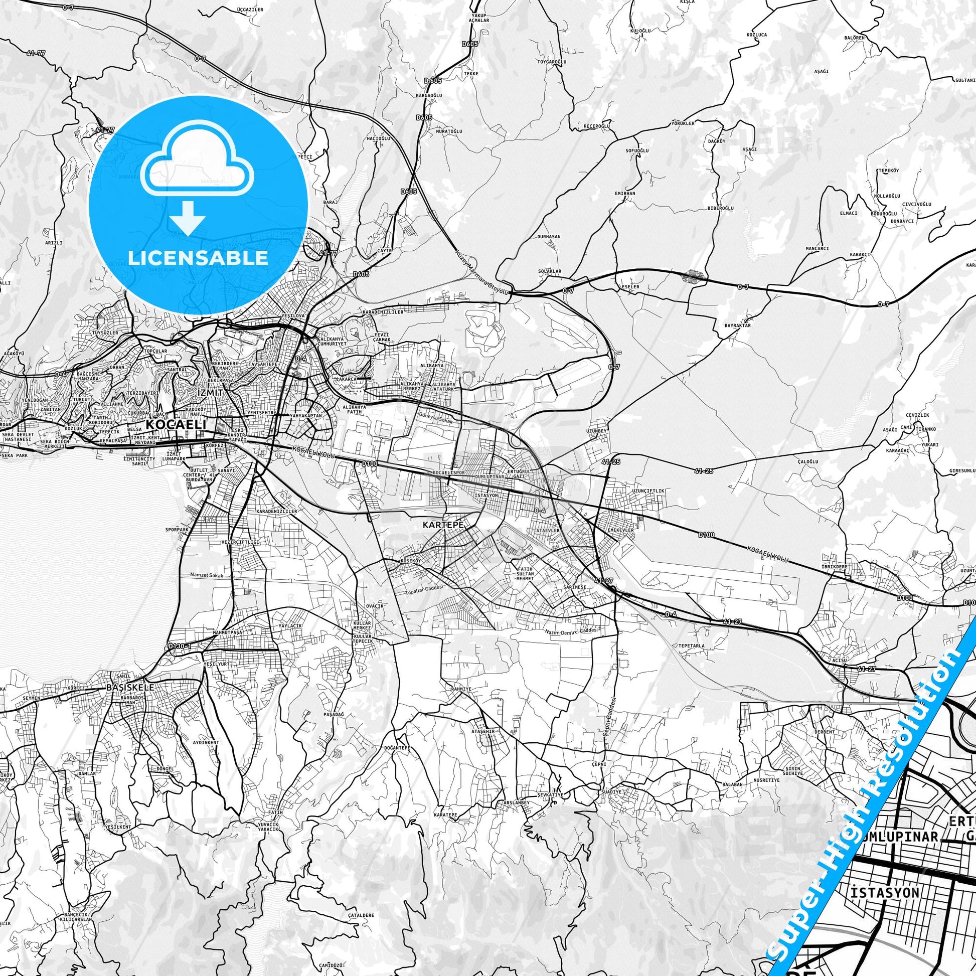 Kartepe, Turkey light map with streetnames, citynames and districts