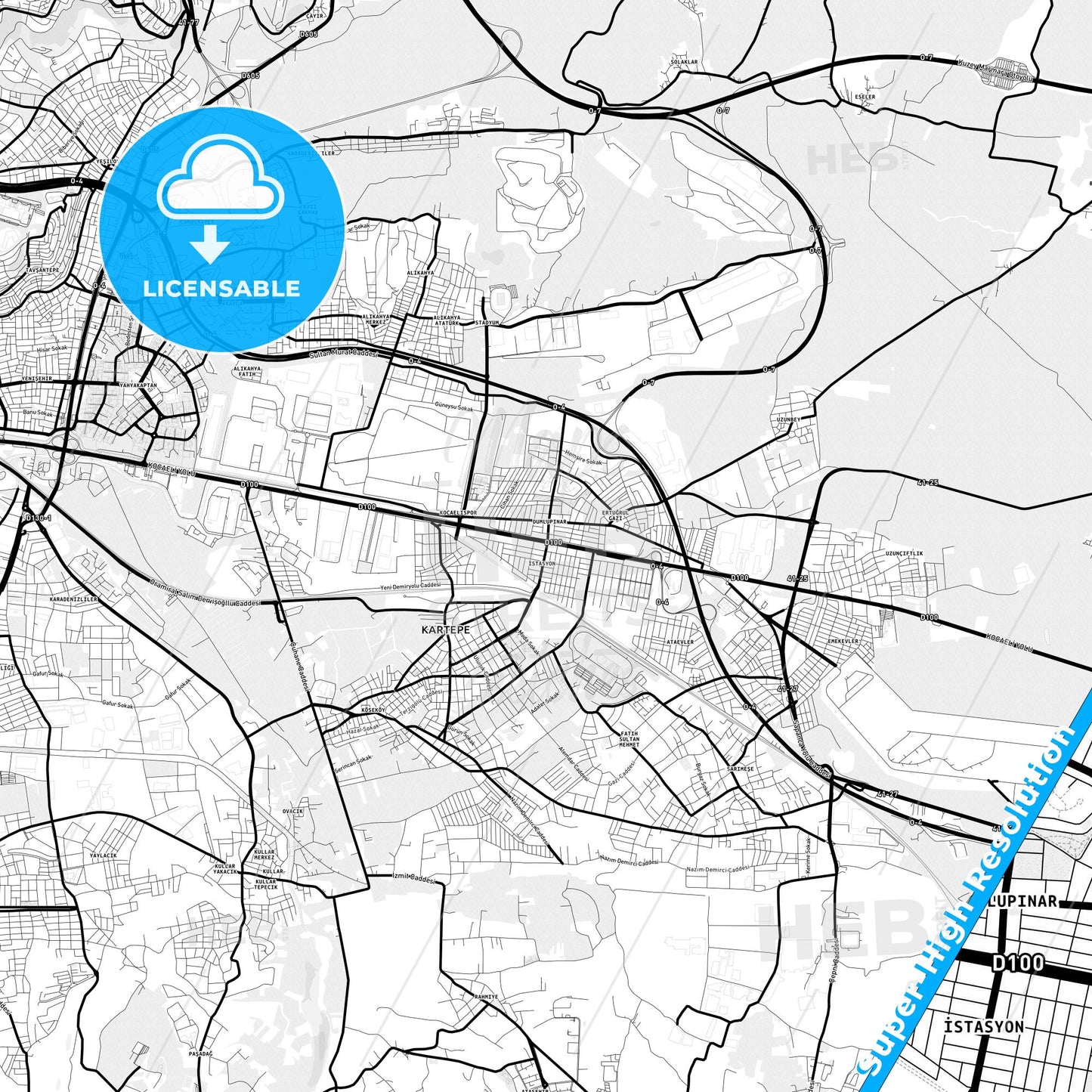 Kartepe, Turkey Light Map with Street Names, City Names, and Districts