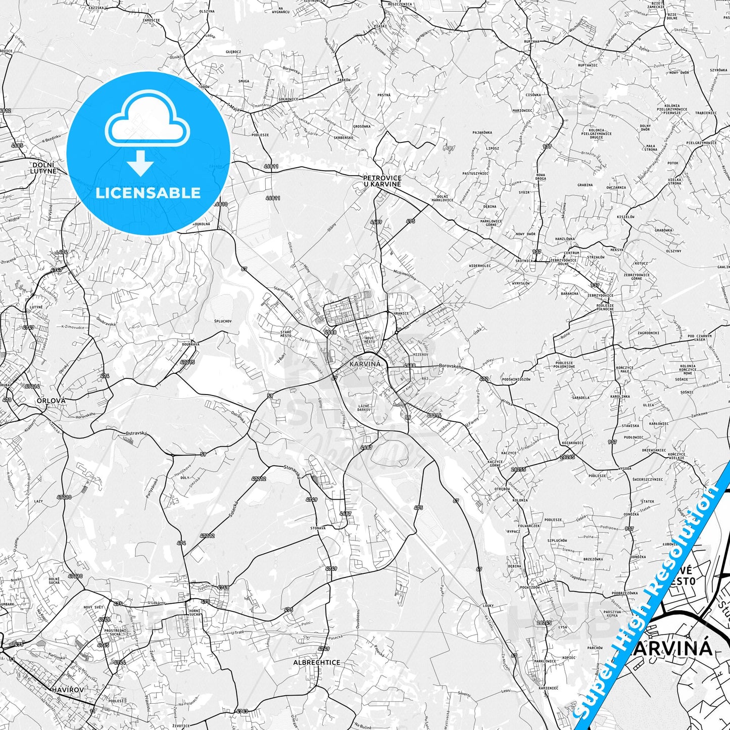 Karviná, Czechia light map with streetnames, citynames and districts