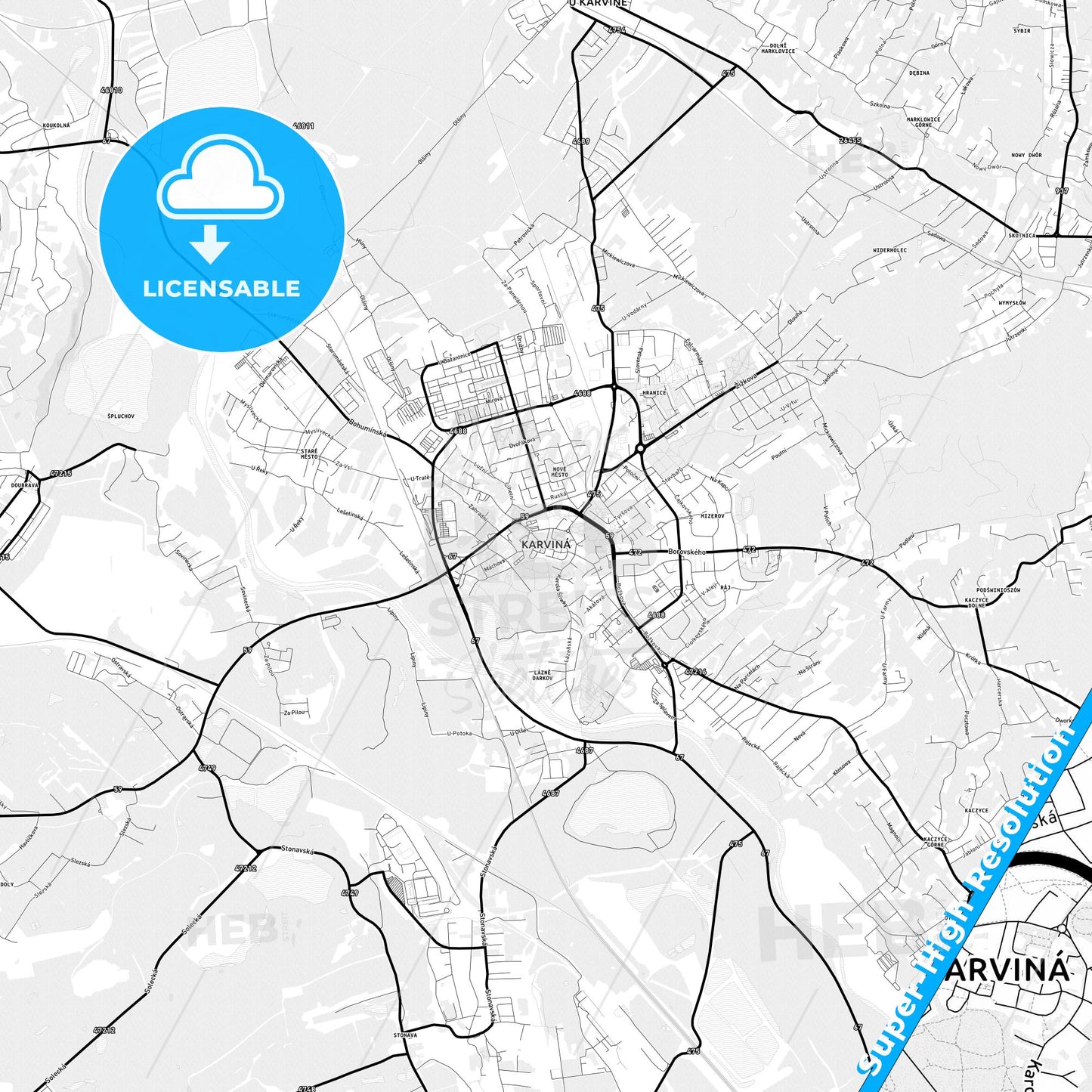 Karviná, Czechia Light Map with Street Names, City Names, and Districts