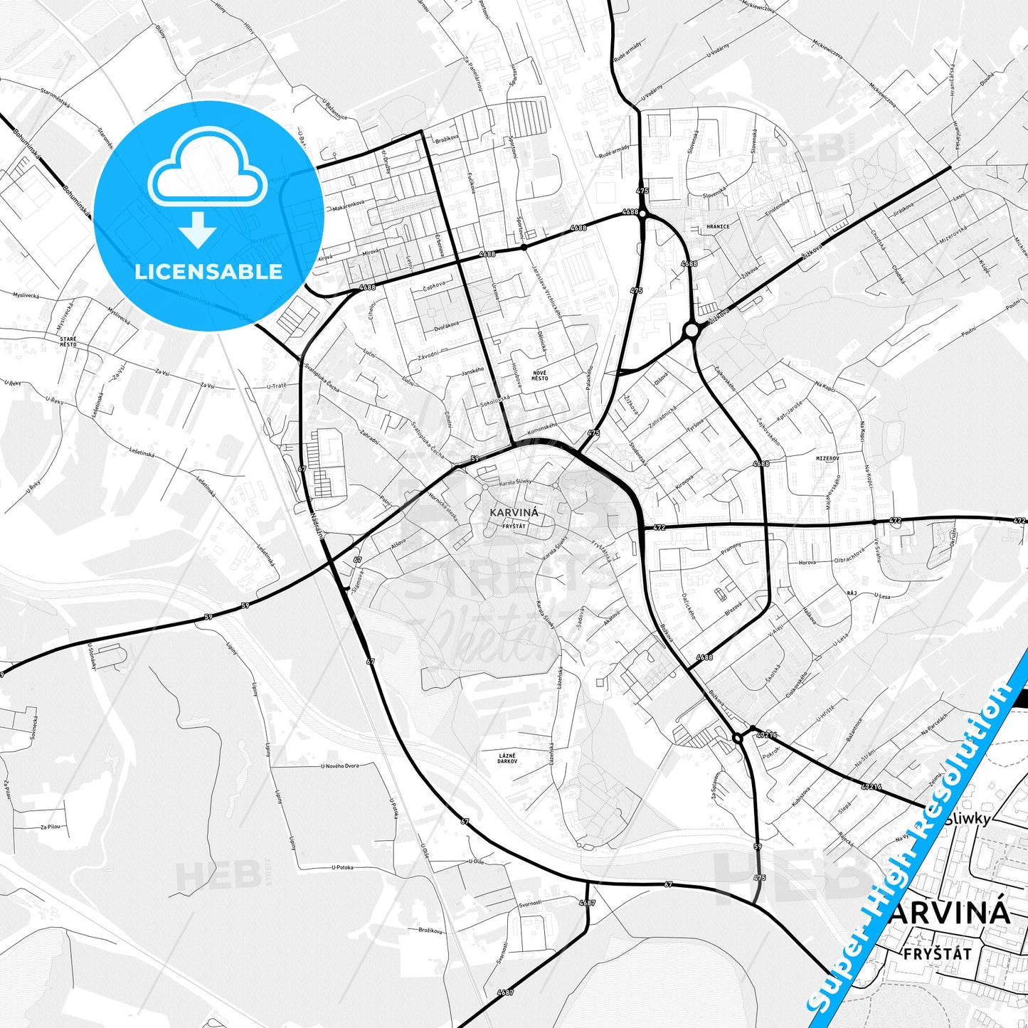 Karviná, Czechia Light Map with Street Names, City Names, and Districts