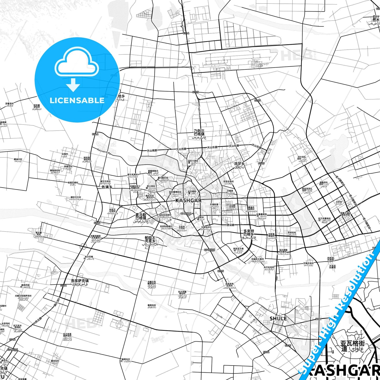 Kashgar, China light map with streetnames, citynames and districts