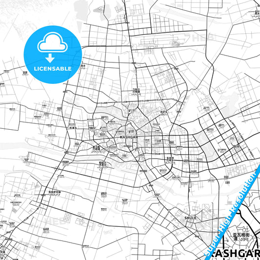 Kashgar, China light map with streetnames, citynames and districts