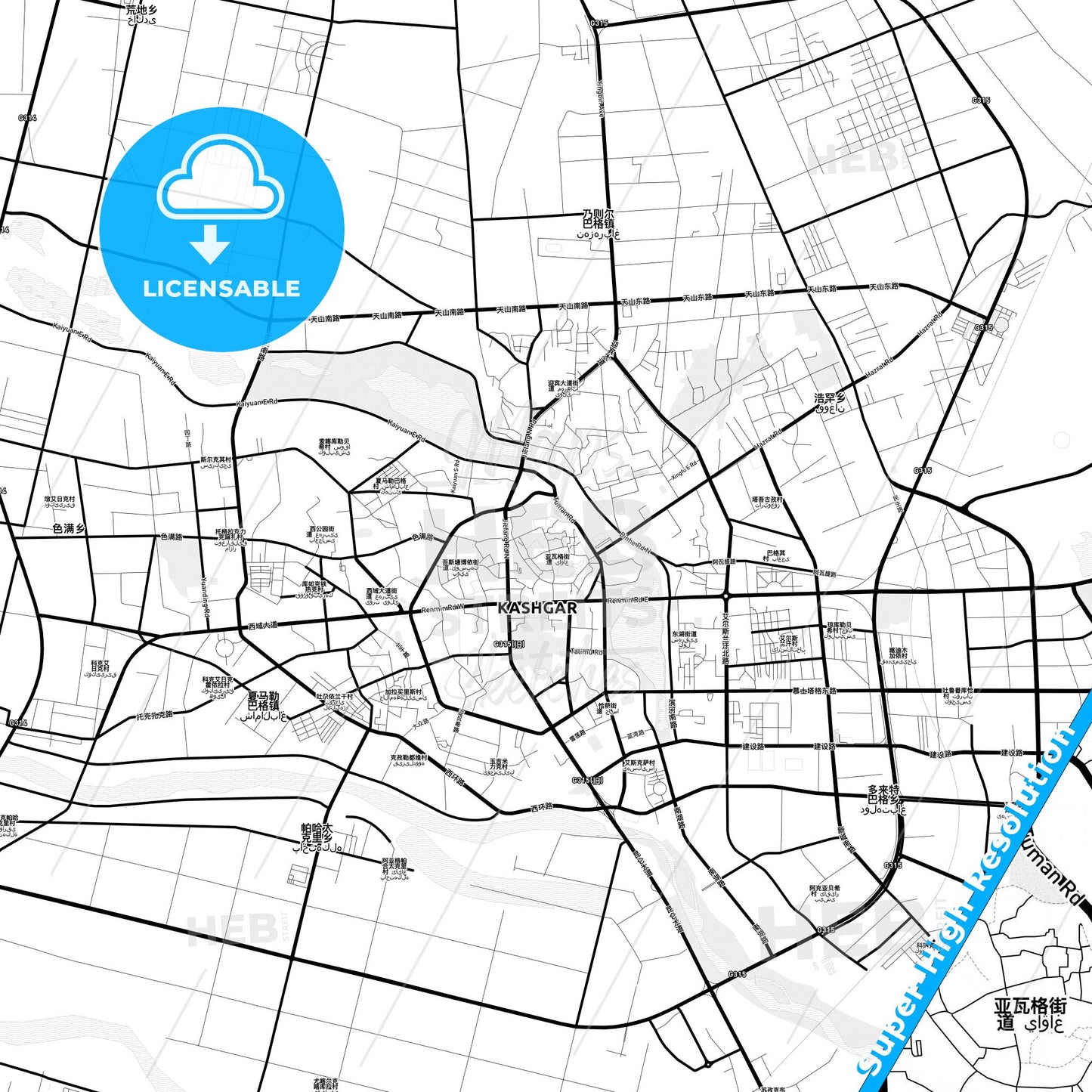 Kashgar, China Light Map with Street Names, City Names, and Districts