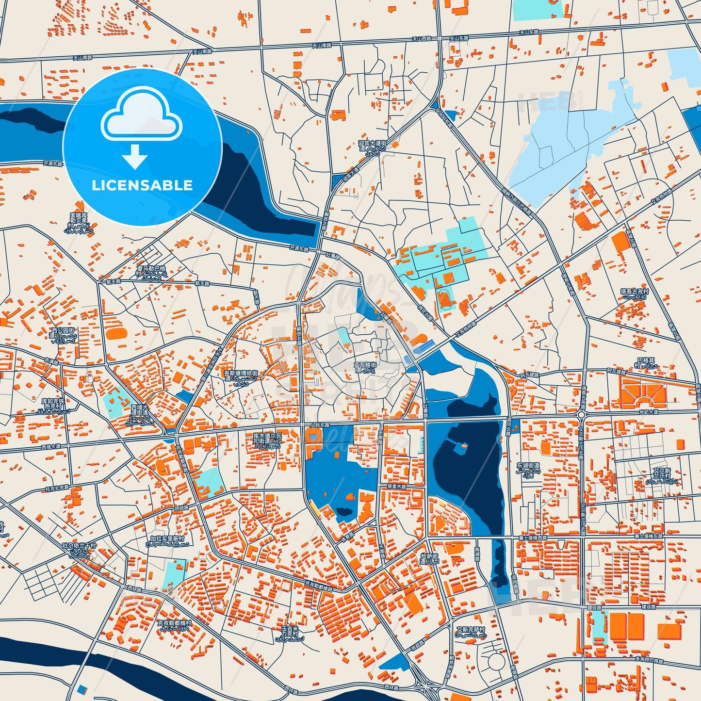 Colorful Kashgar Street Map with Labels and Buildings
