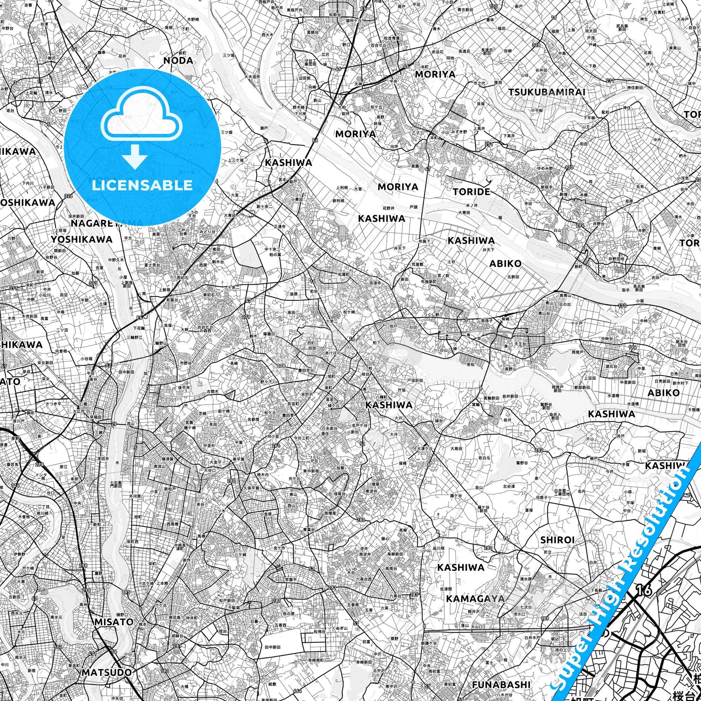 Kashiwa, Japan light map with streetnames, citynames and districts