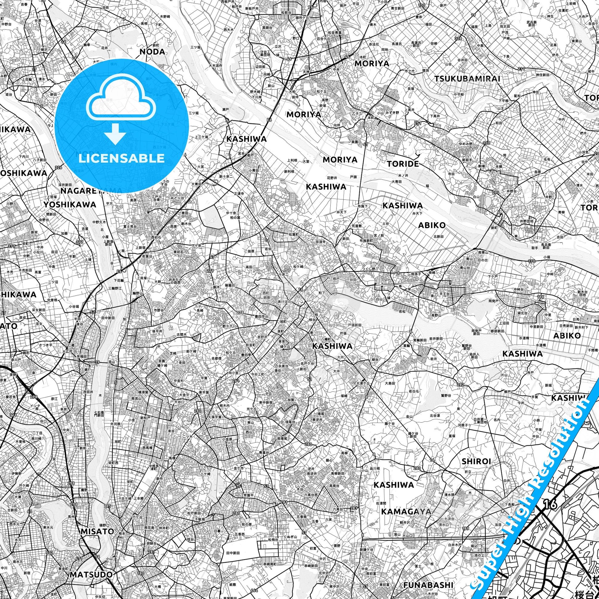 Kashiwa, Japan light map with streetnames, citynames and districts