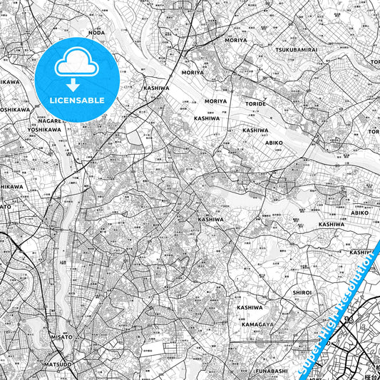Kashiwa, Japan light map with streetnames, citynames and districts