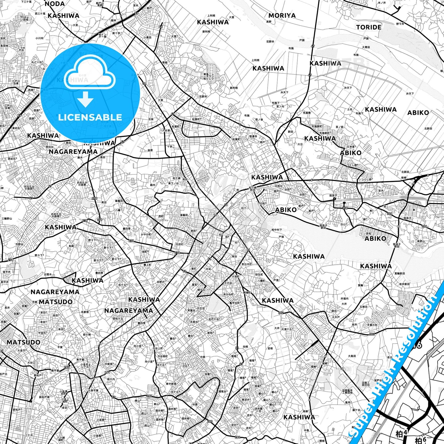 Kashiwa, Japan Light Map with Street Names, City Names, and Districts