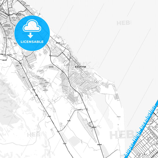 Kaspiysk, Russia light map with streetnames, citynames and districts