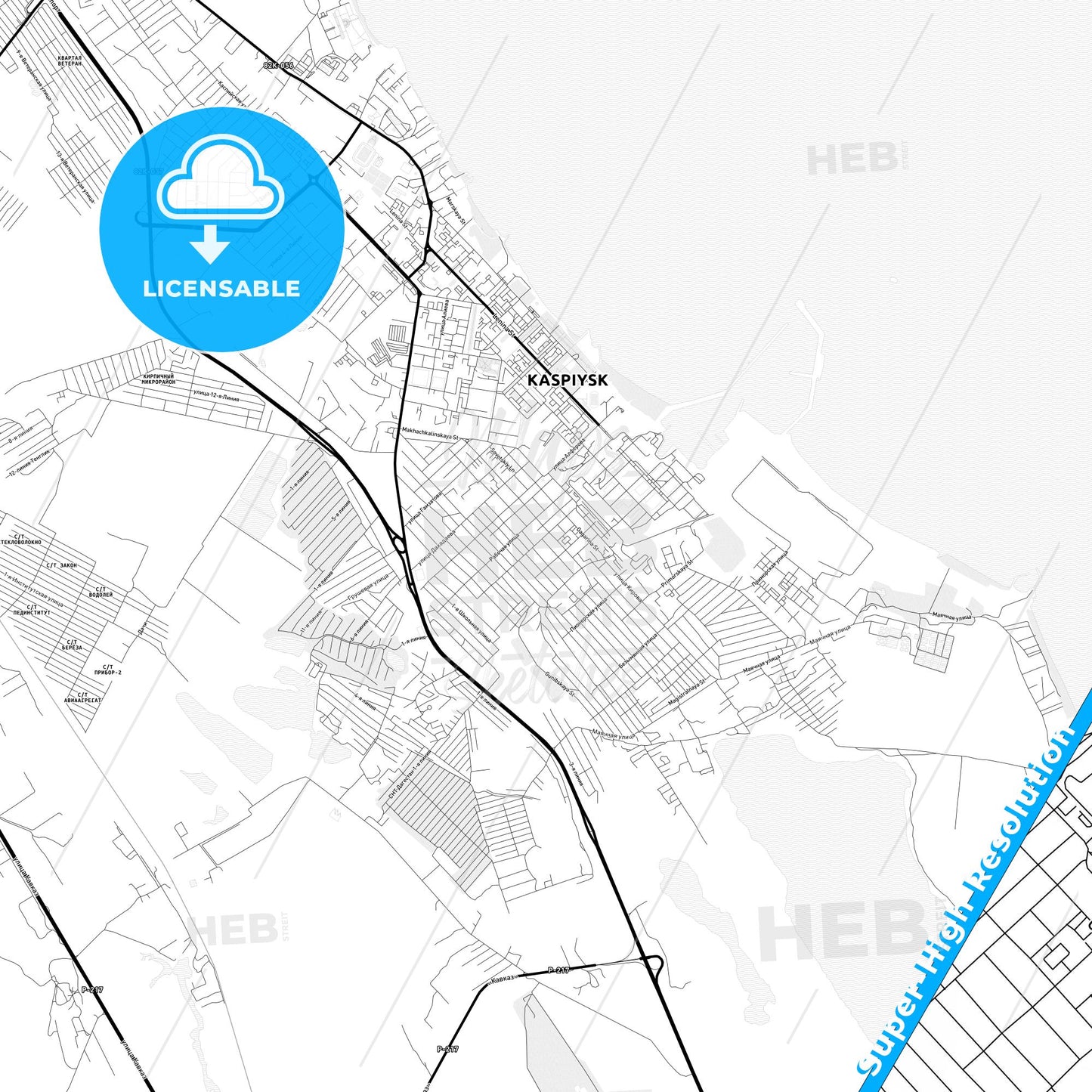 Kaspiysk, Russia Light Map with Street Names, City Names, and Districts