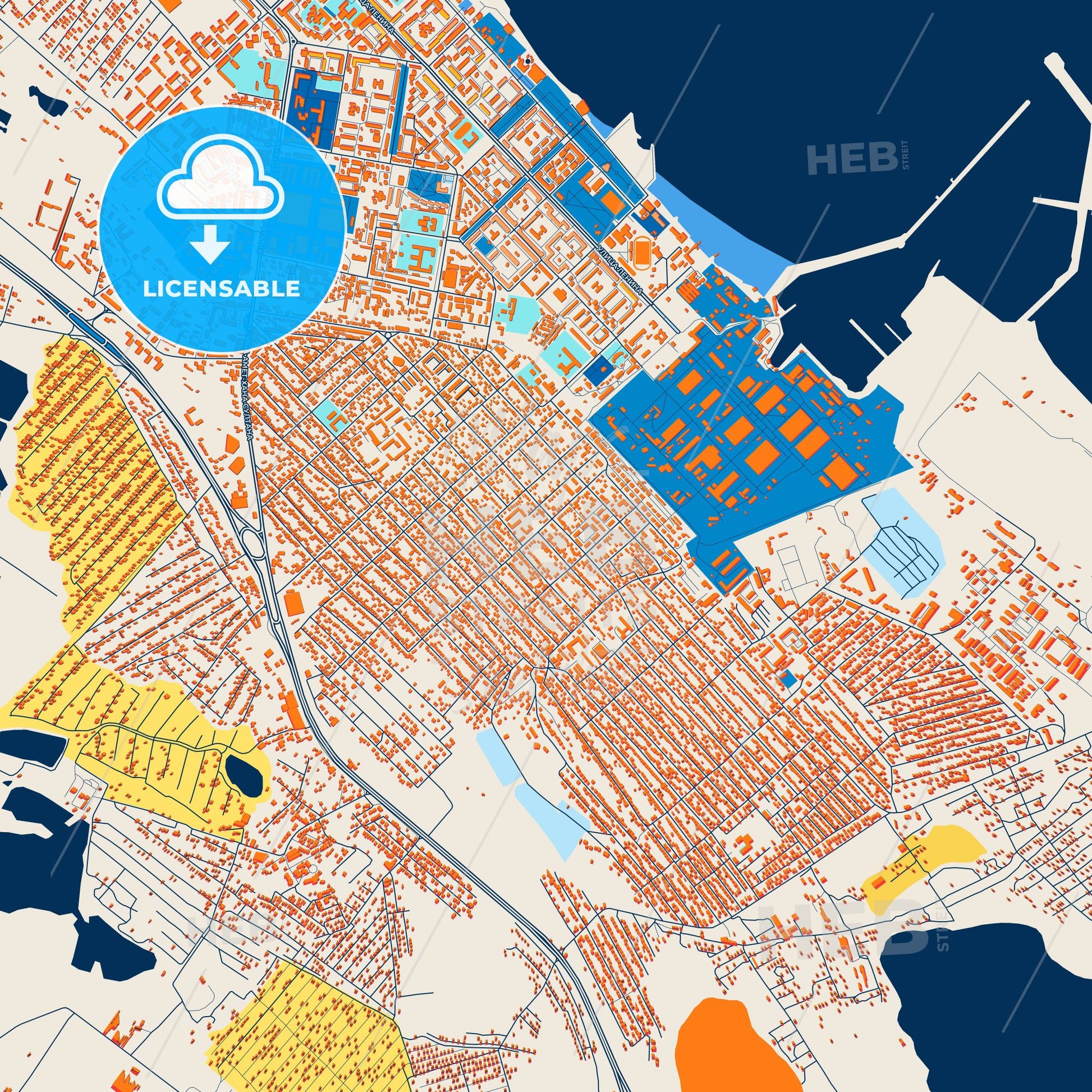 Colorful Kaspiysk Street Map with Labels and Buildings