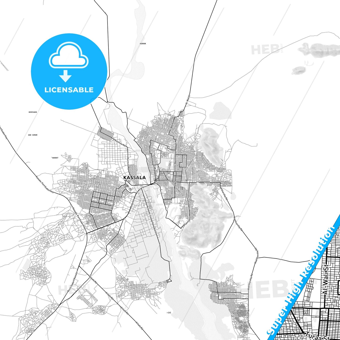 Kassala, Sudan light map with streetnames, citynames and districts