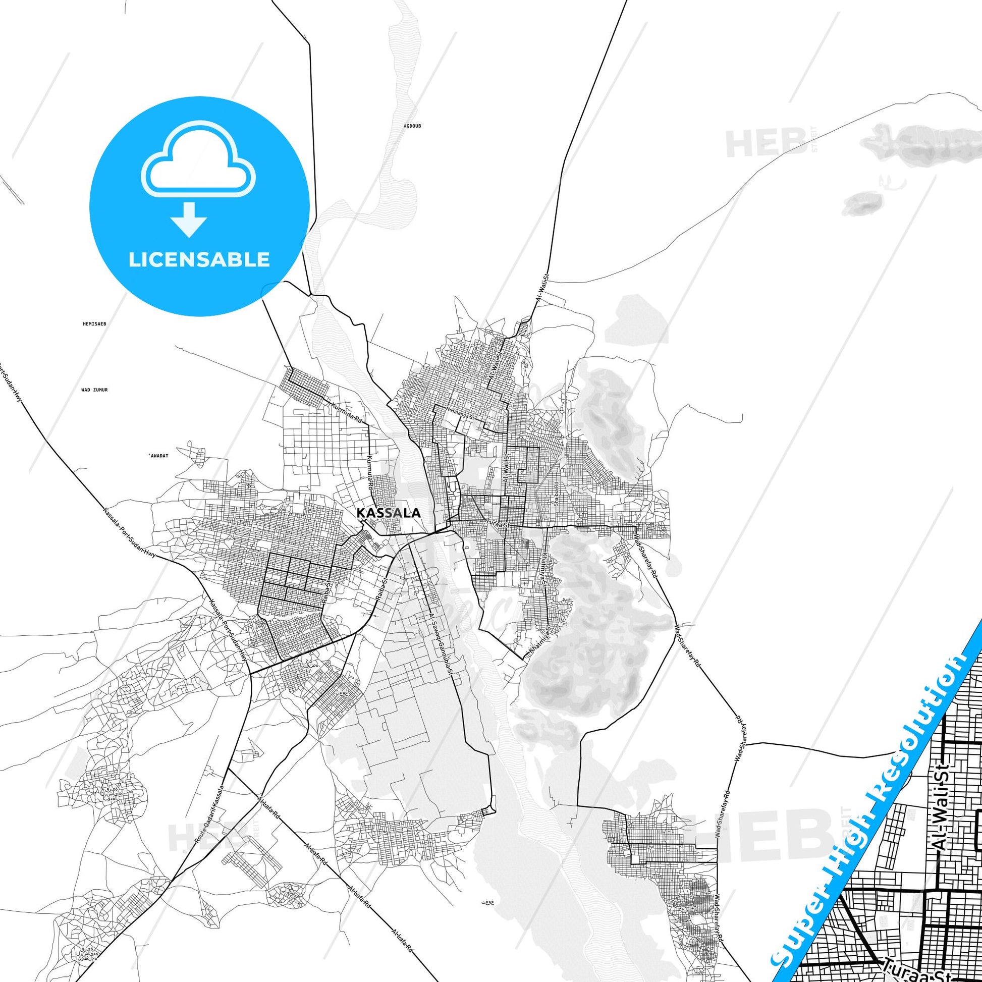 Kassala, Sudan light map with streetnames, citynames and districts