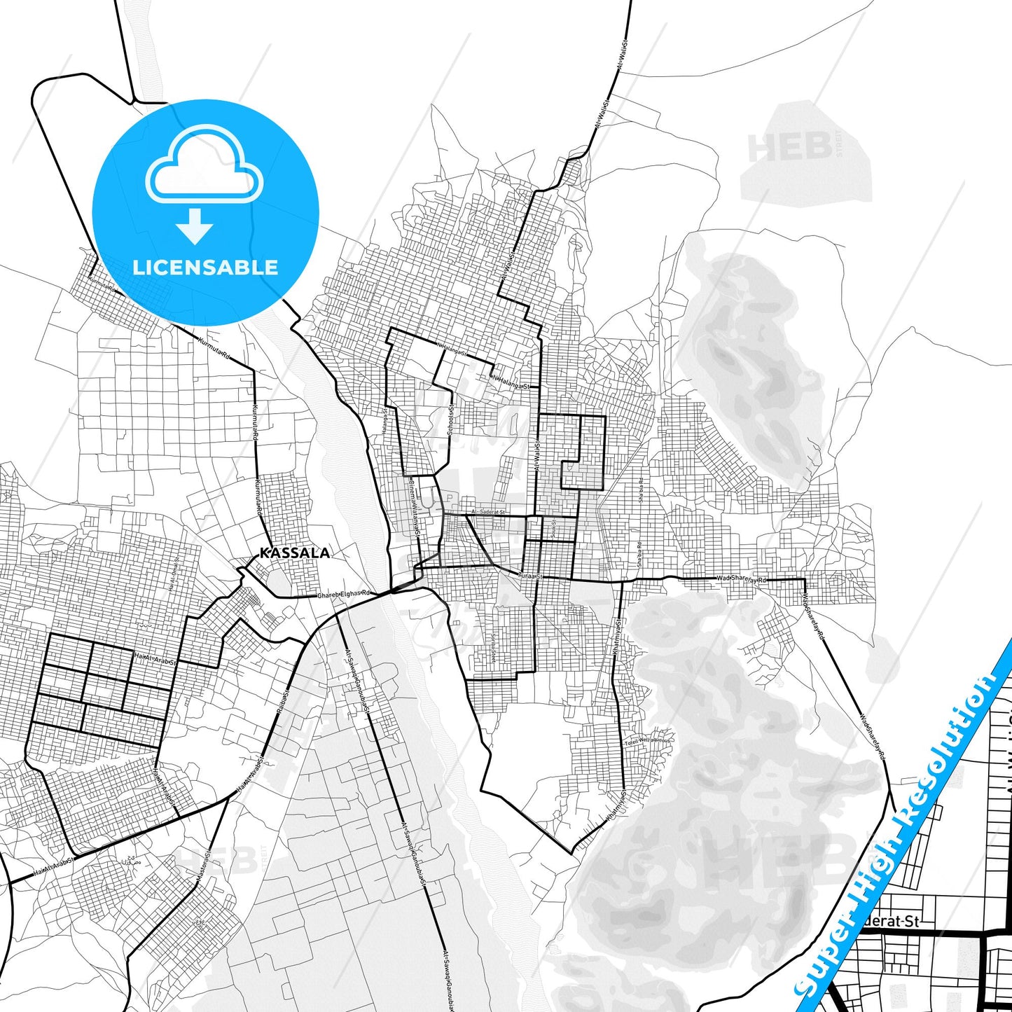 Kassala, Sudan Light Map with Street Names, City Names, and Districts