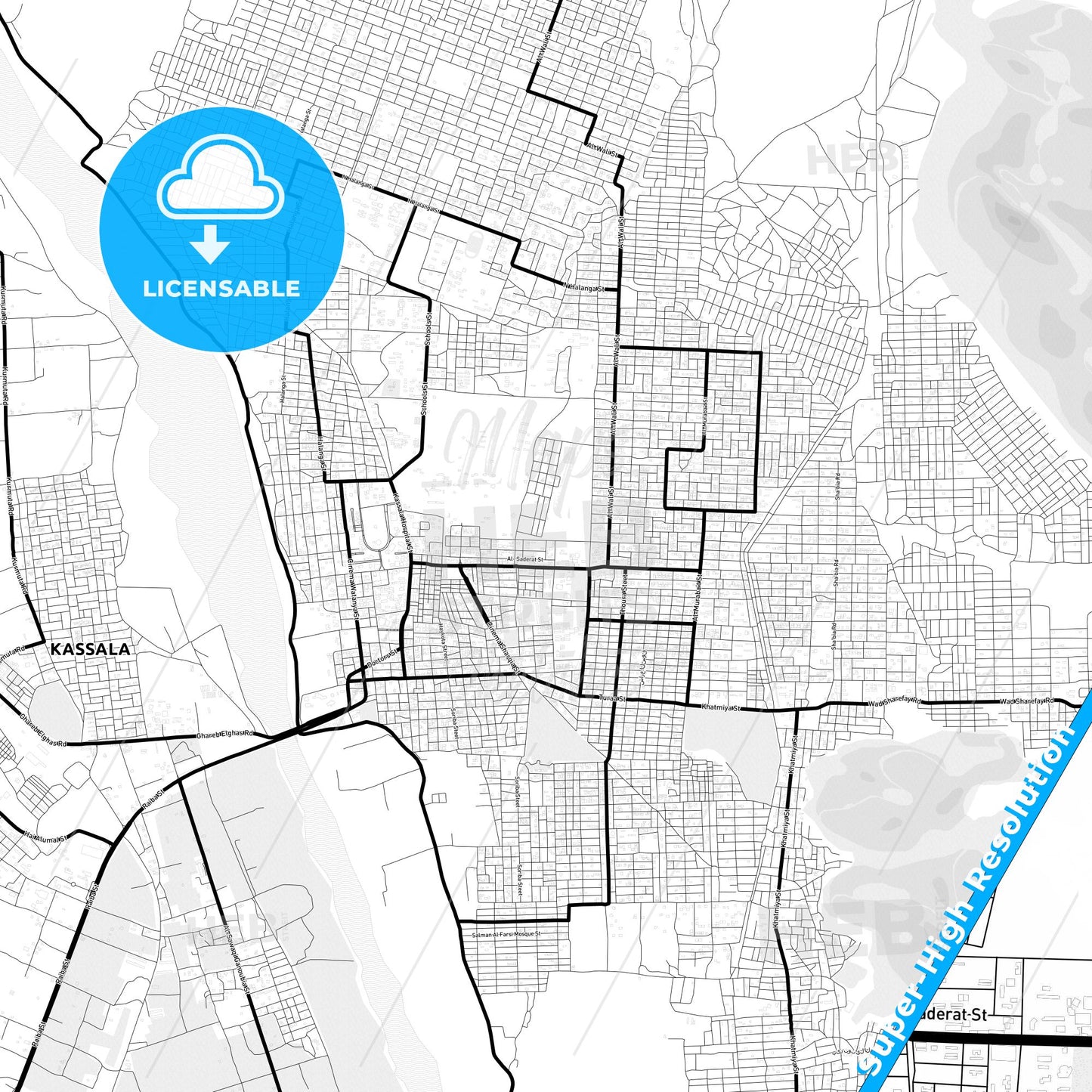 Kassala, Sudan Light Map with Street Names, City Names, and Districts