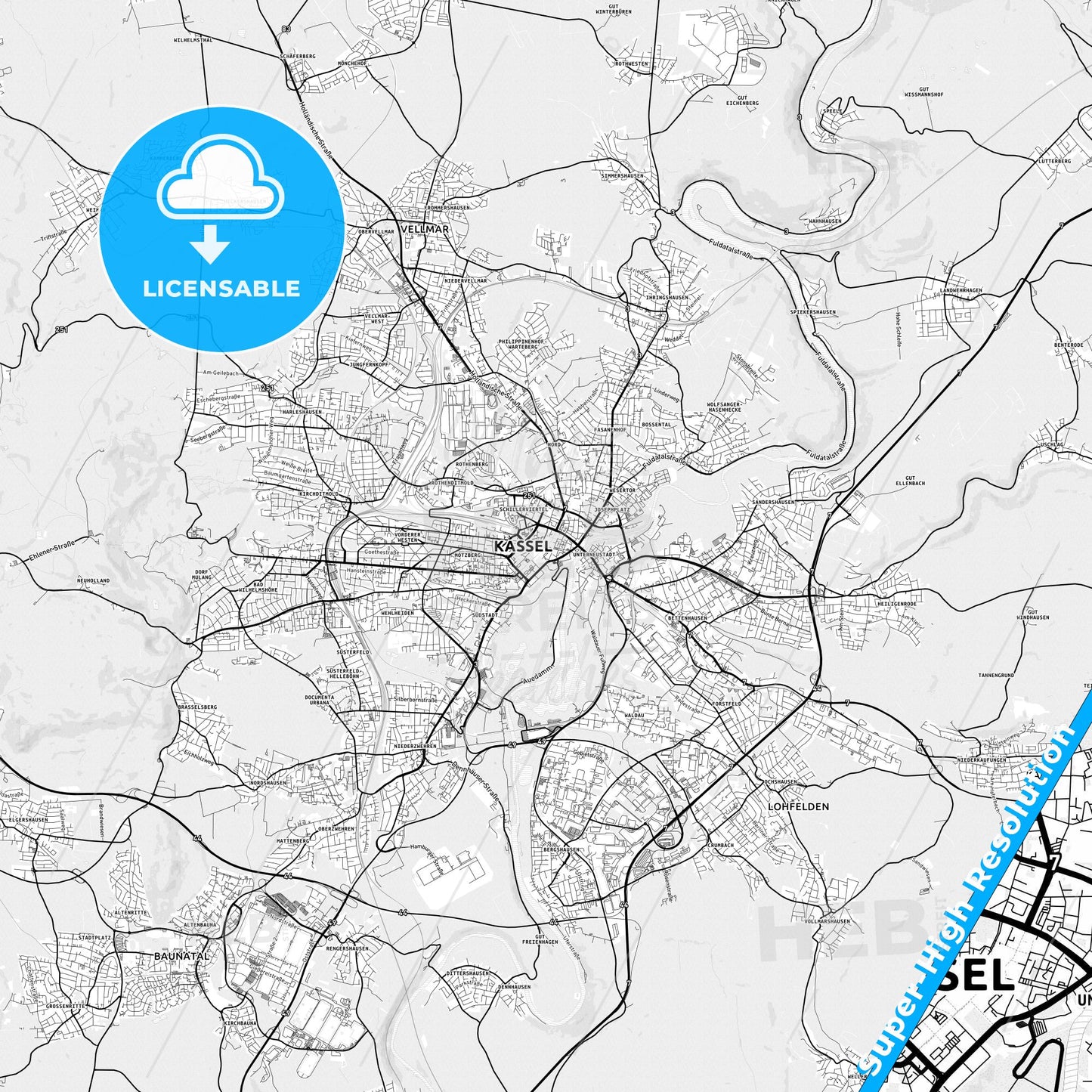 Kassel, Germany light map with streetnames, citynames and districts
