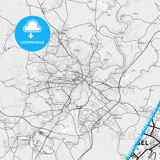 Kassel, Germany light map with streetnames, citynames and districts