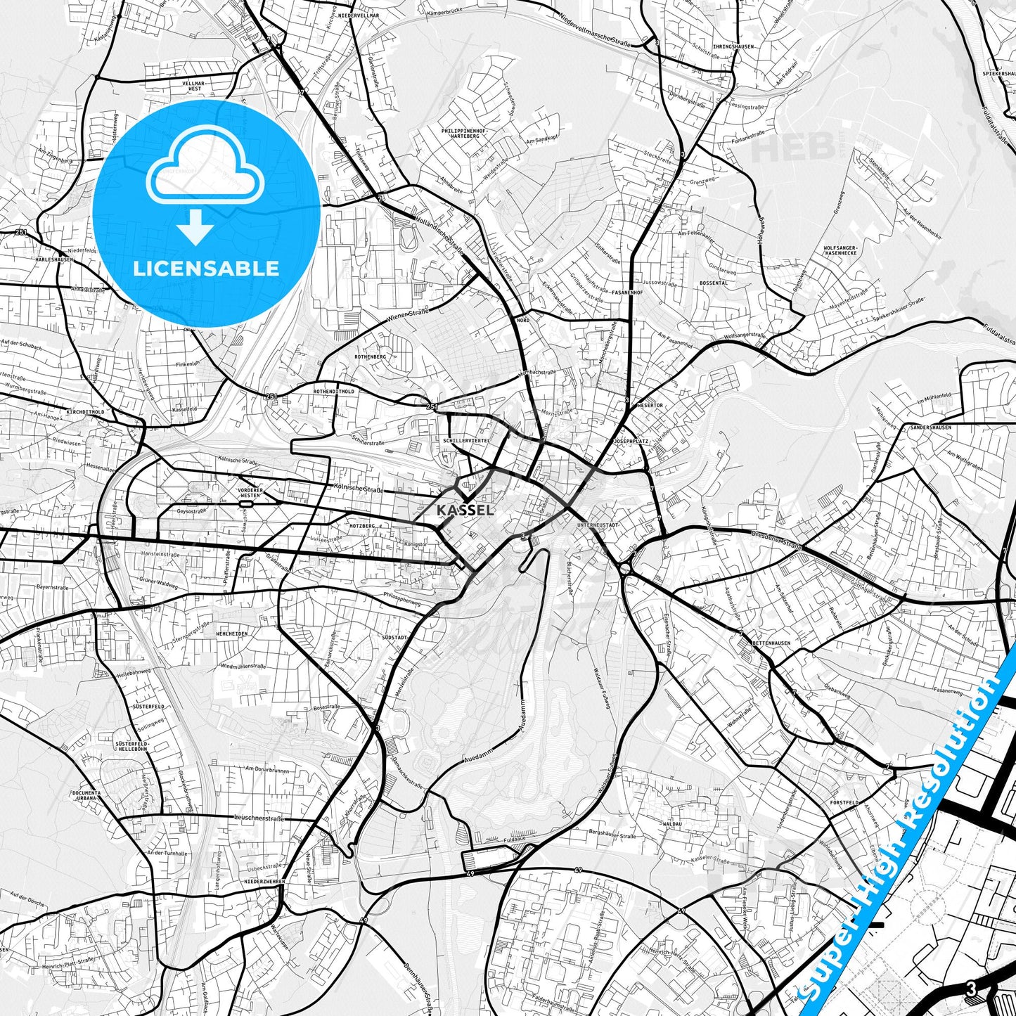 Kassel, Germany Light Map with Street Names, City Names, and Districts