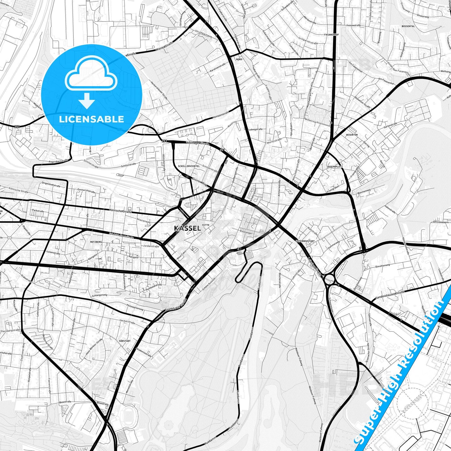 Kassel, Germany Light Map with Street Names, City Names, and Districts