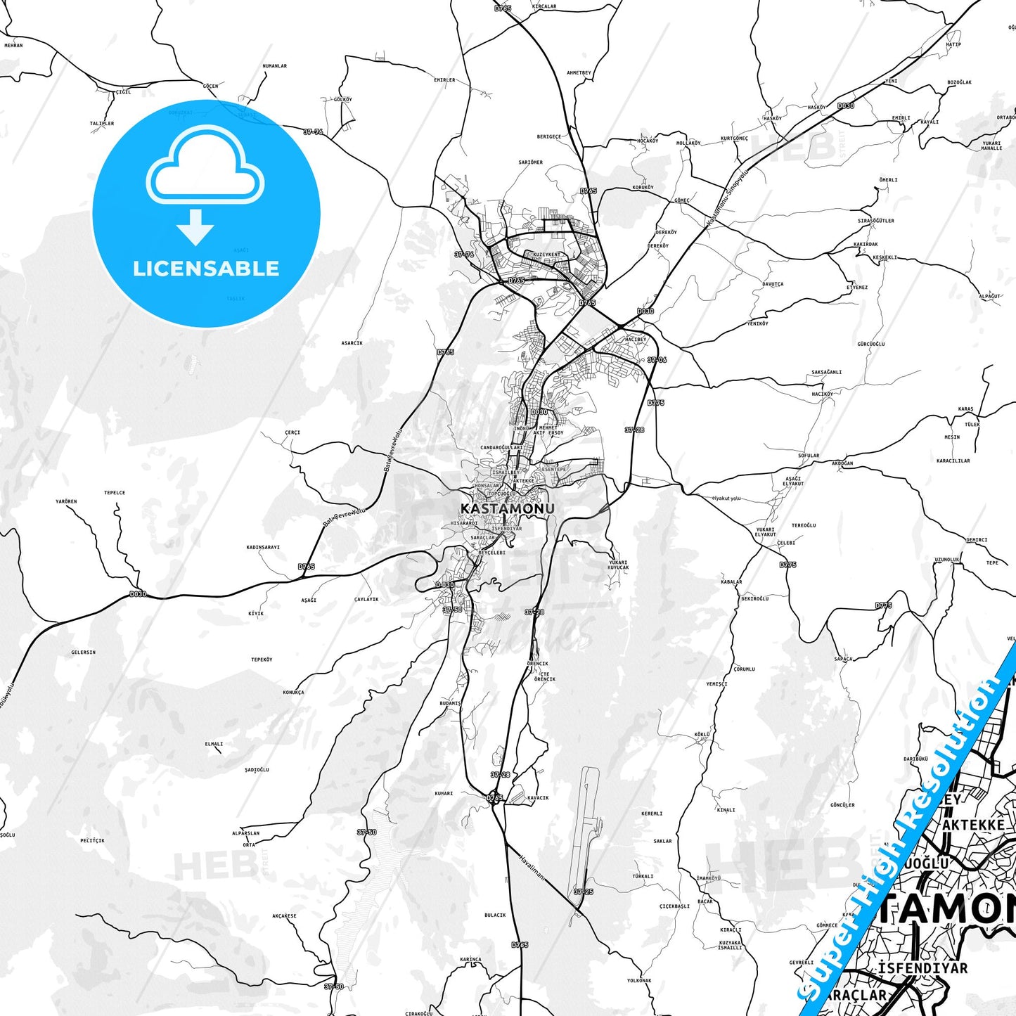 Kastamonu, Turkey light map with streetnames, citynames and districts