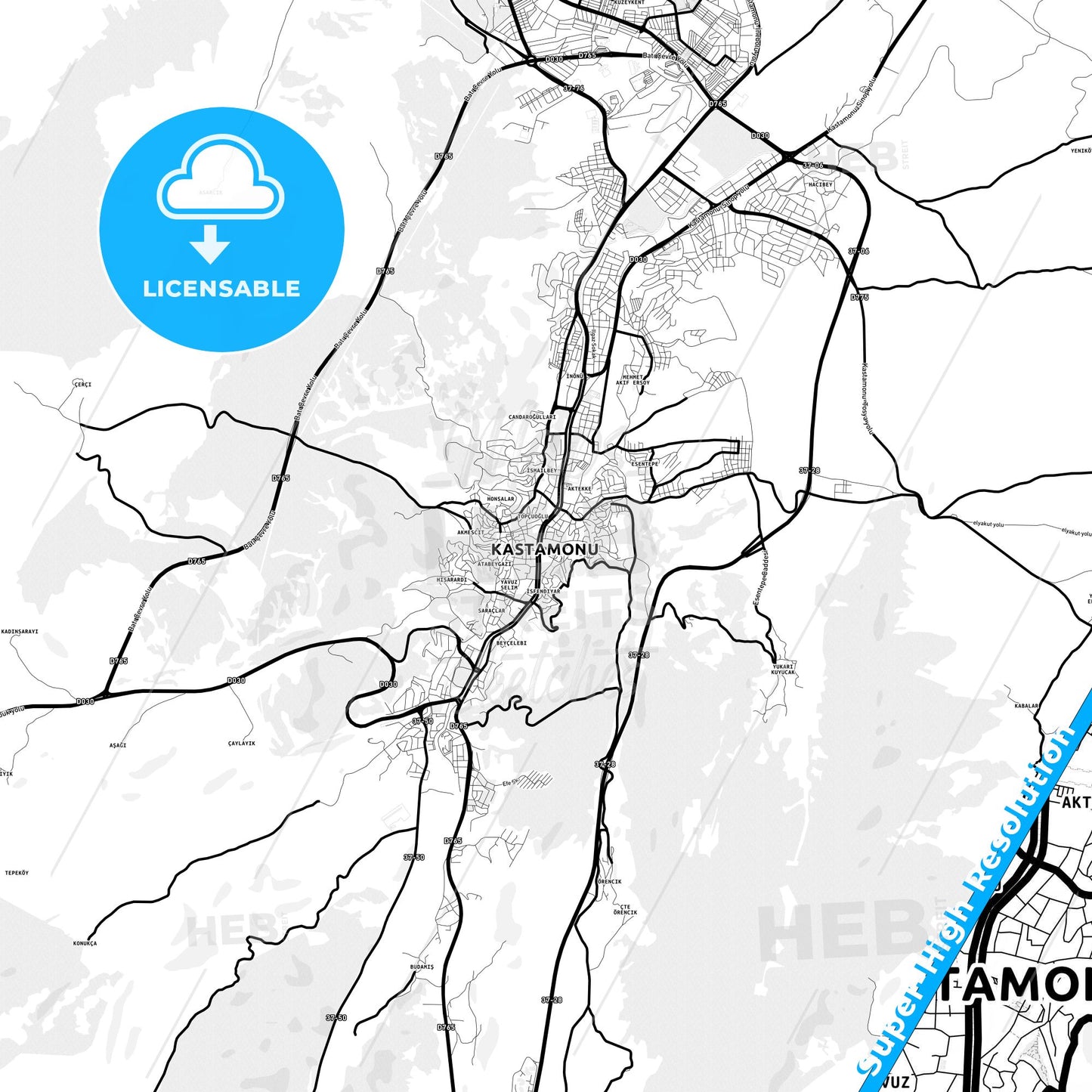 Kastamonu, Turkey Light Map with Street Names, City Names, and Districts