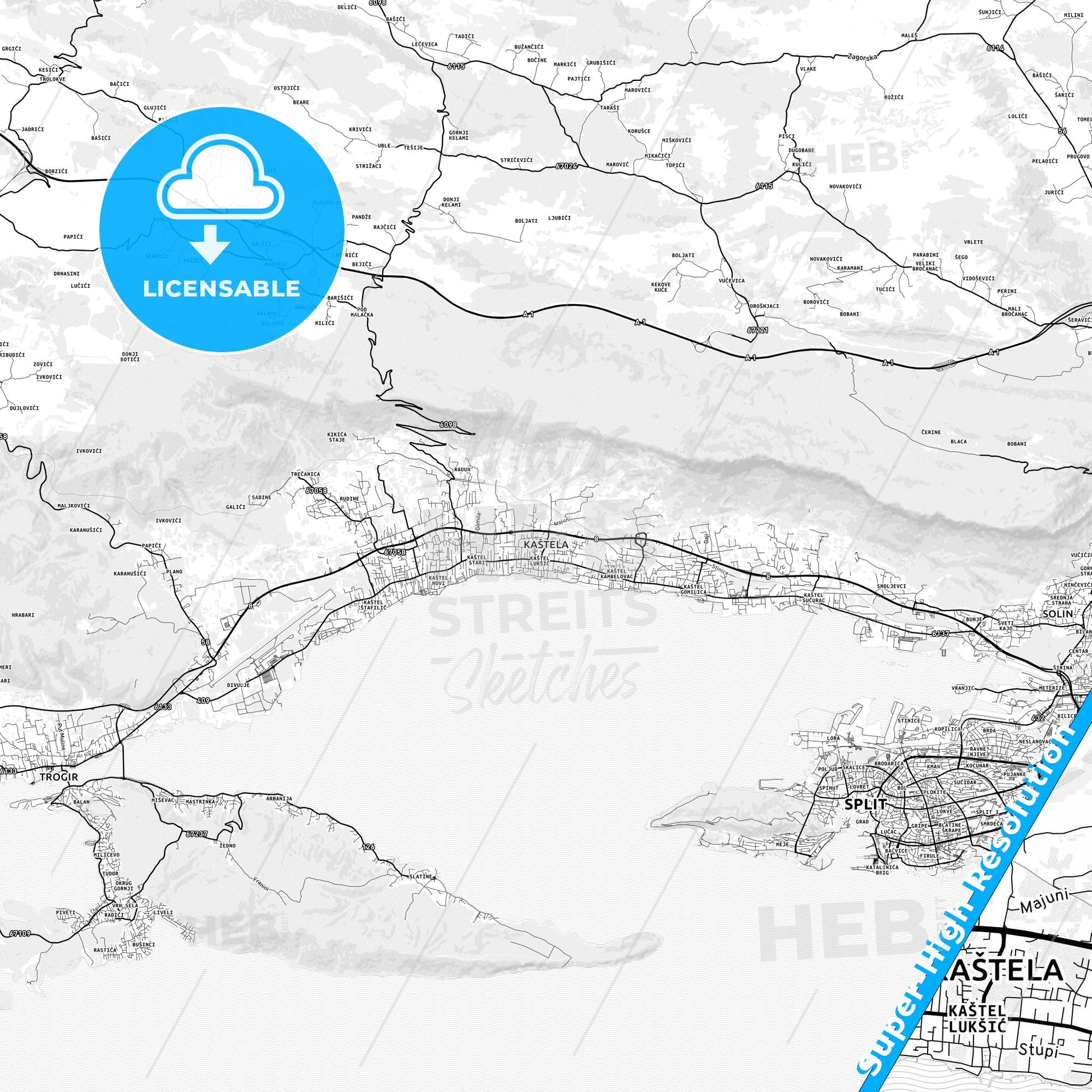 Kaštela, Croatia light map with streetnames, citynames and districts