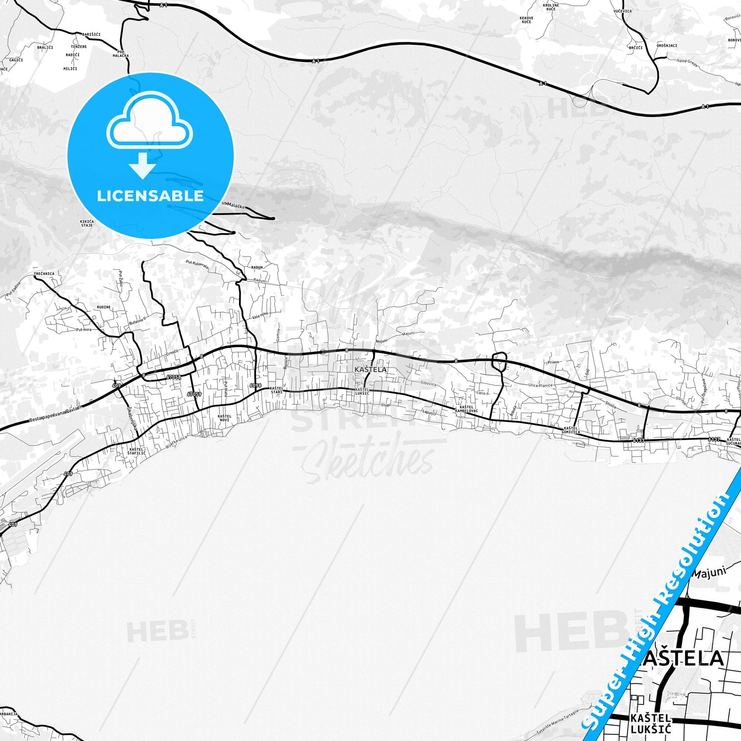 Kaštela, Croatia Light Map with Street Names, City Names, and Districts