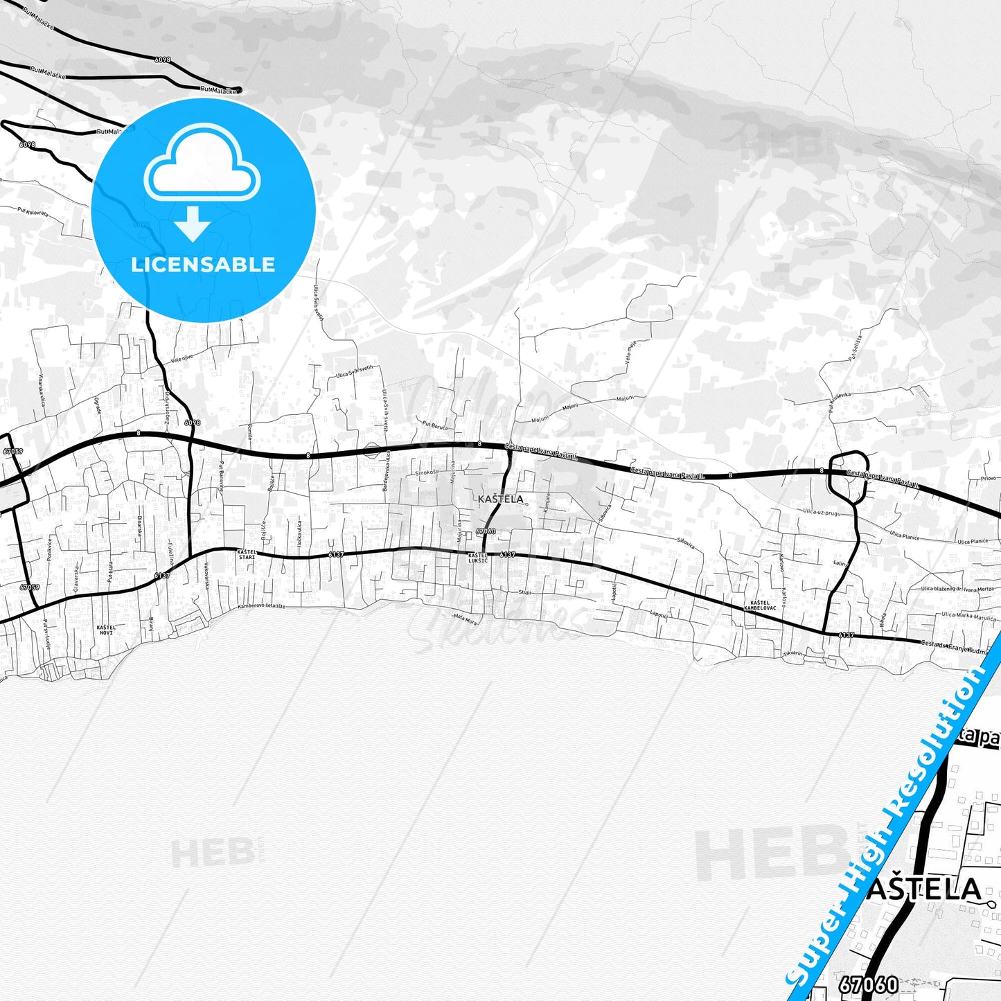 Kaštela, Croatia Light Map with Street Names, City Names, and Districts