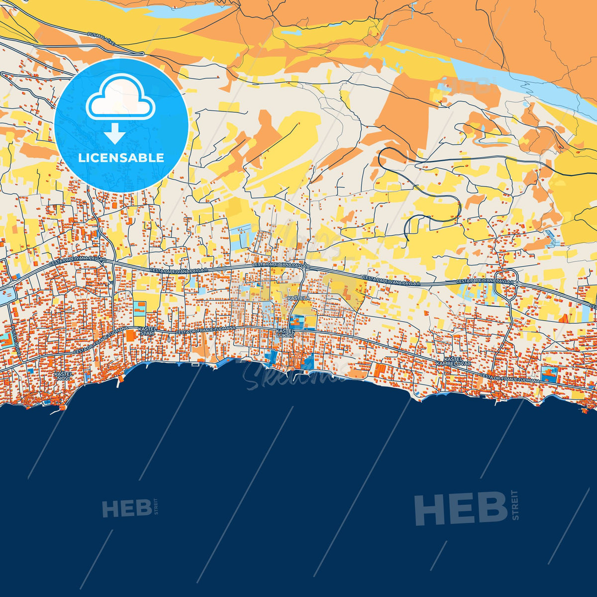 Colorful Kaštela Street Map with Labels and Buildings