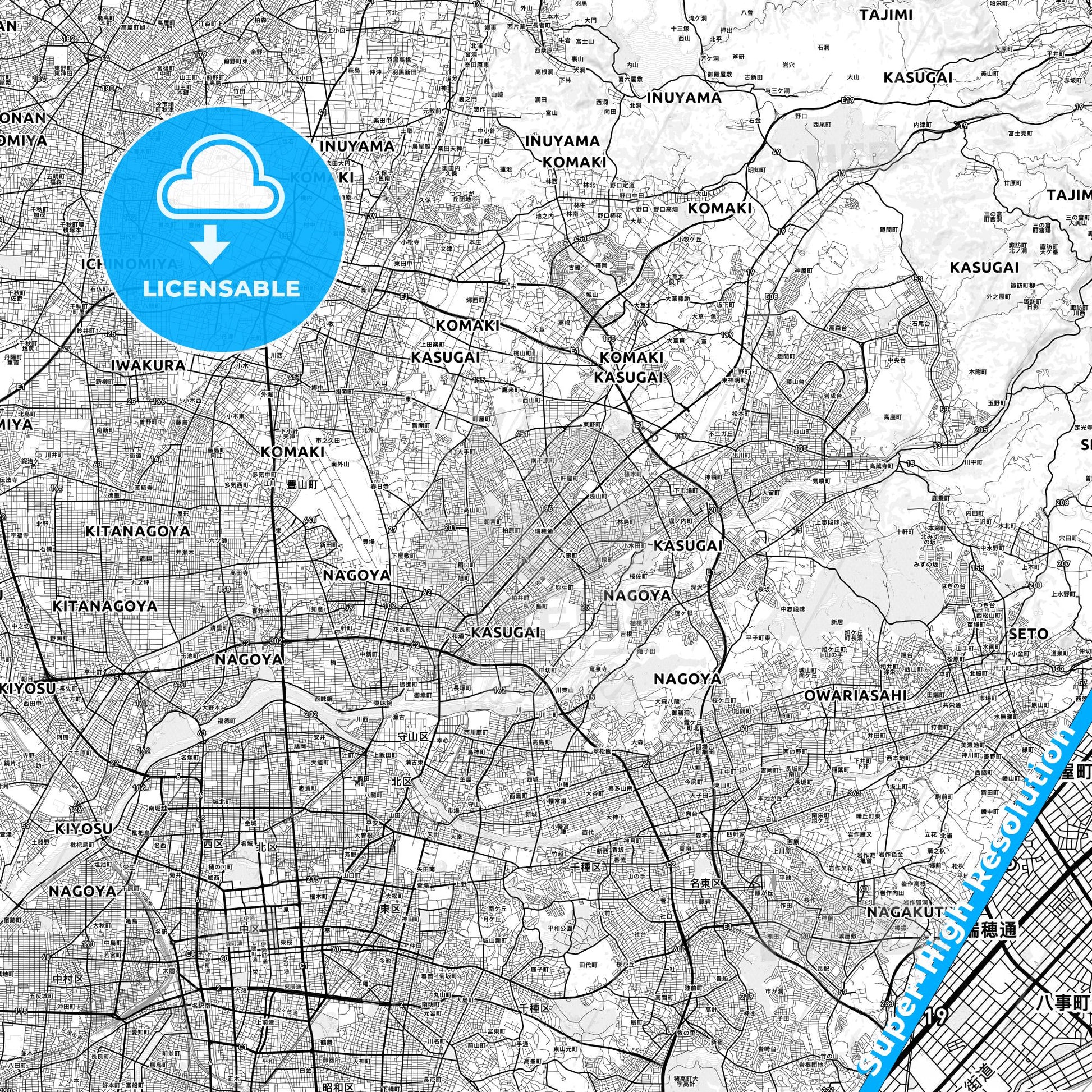 Kasugai, Japan light map with streetnames, citynames and districts