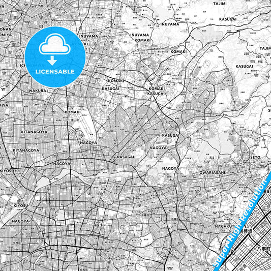Kasugai, Japan light map with streetnames, citynames and districts