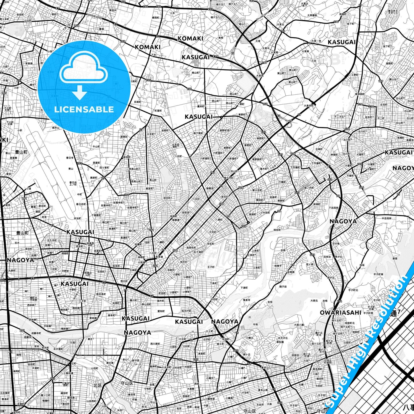 Kasugai, Japan Light Map with Street Names, City Names, and Districts
