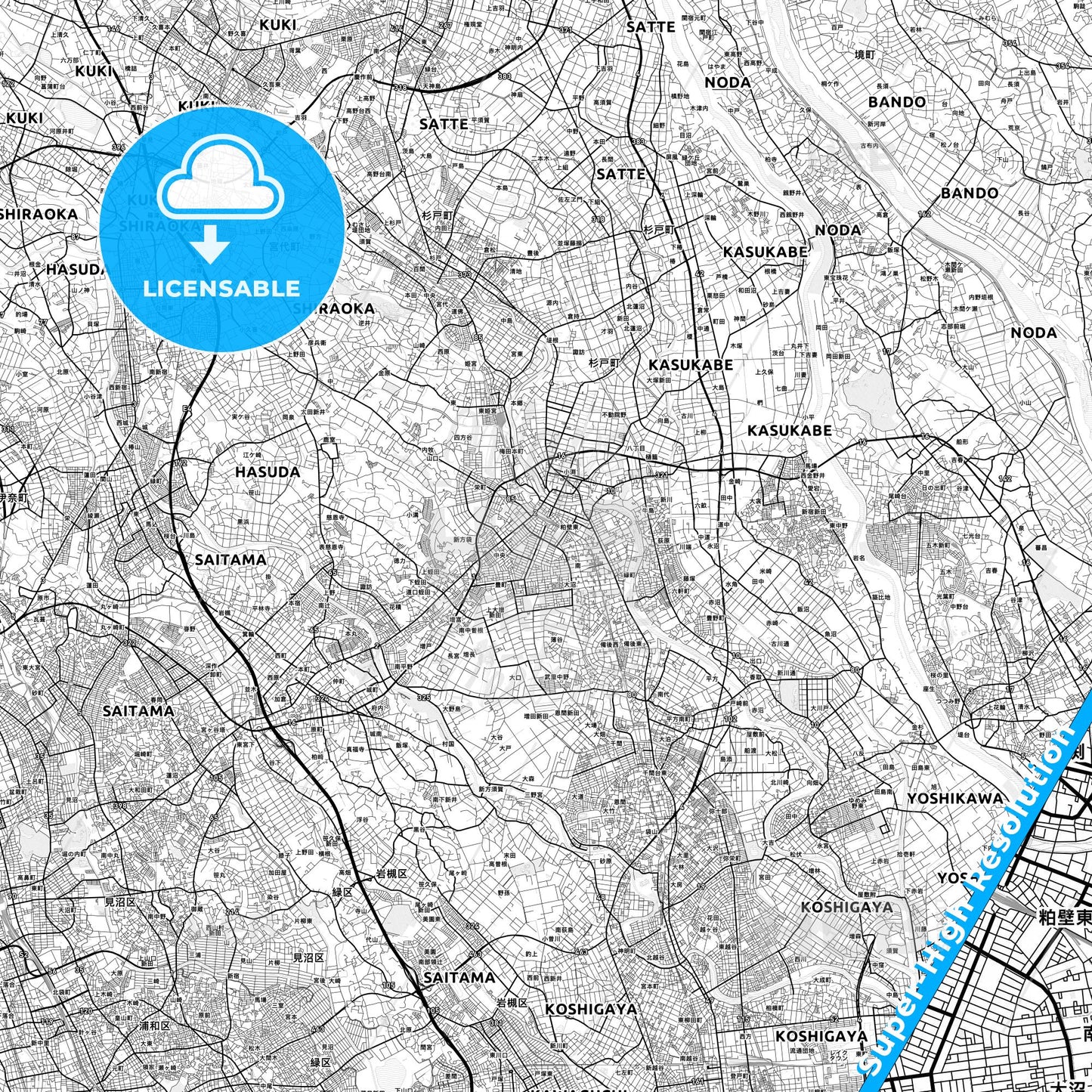Kasukabe, Japan light map with streetnames, citynames and districts