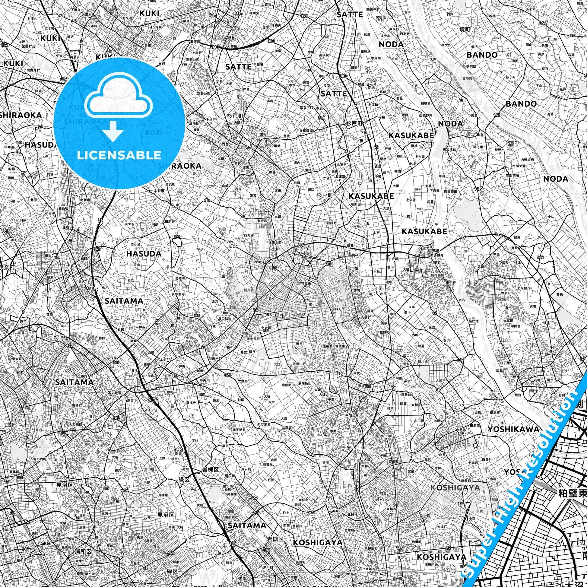 Kasukabe, Japan light map with streetnames, citynames and districts