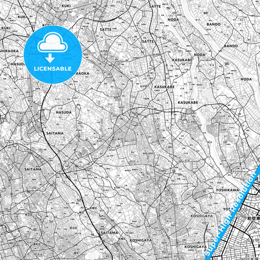 Kasukabe, Japan light map with streetnames, citynames and districts