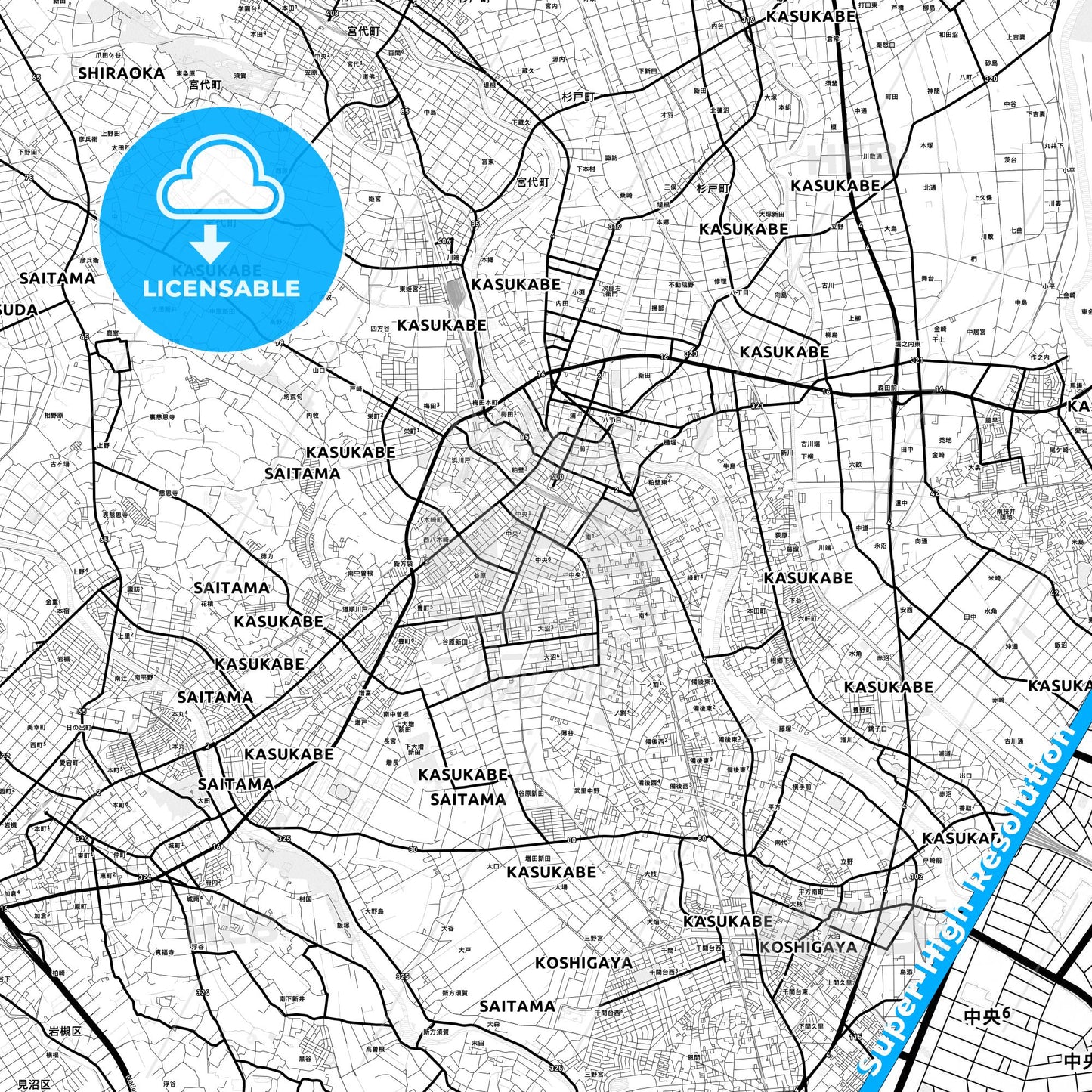 Kasukabe, Japan Light Map with Street Names, City Names, and Districts