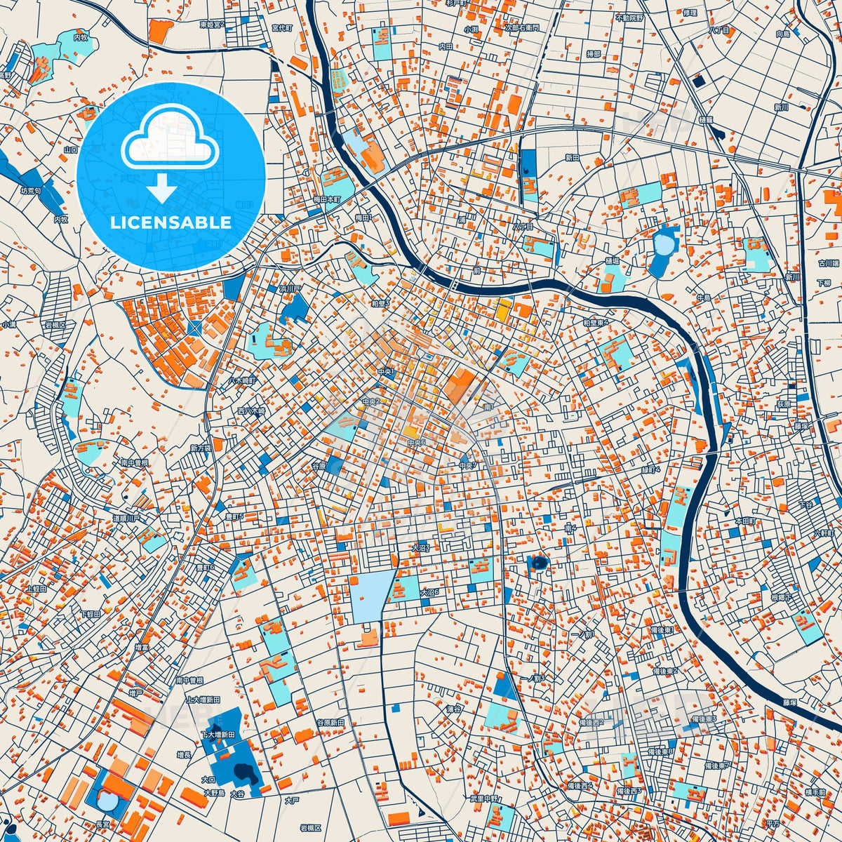 Colorful Kasukabe Street Map with Labels and Buildings