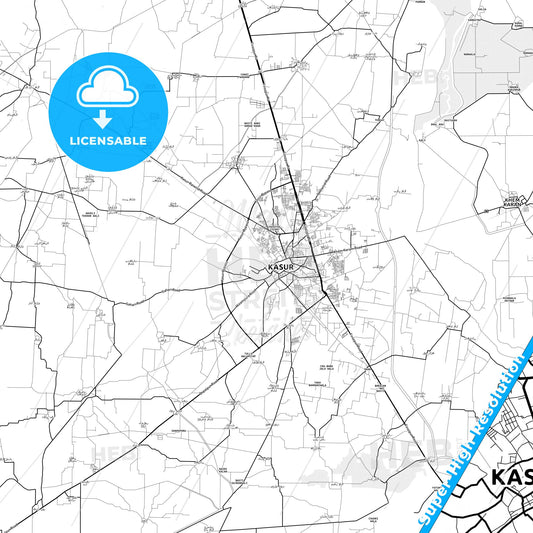 Kasur, Pakistan light map with streetnames, citynames and districts