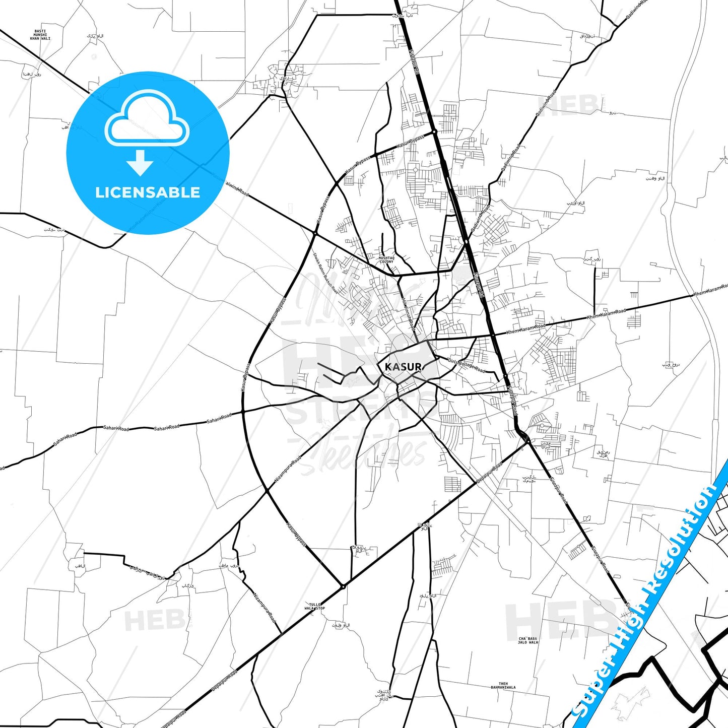 Kasur, Pakistan Light Map with Street Names, City Names, and Districts
