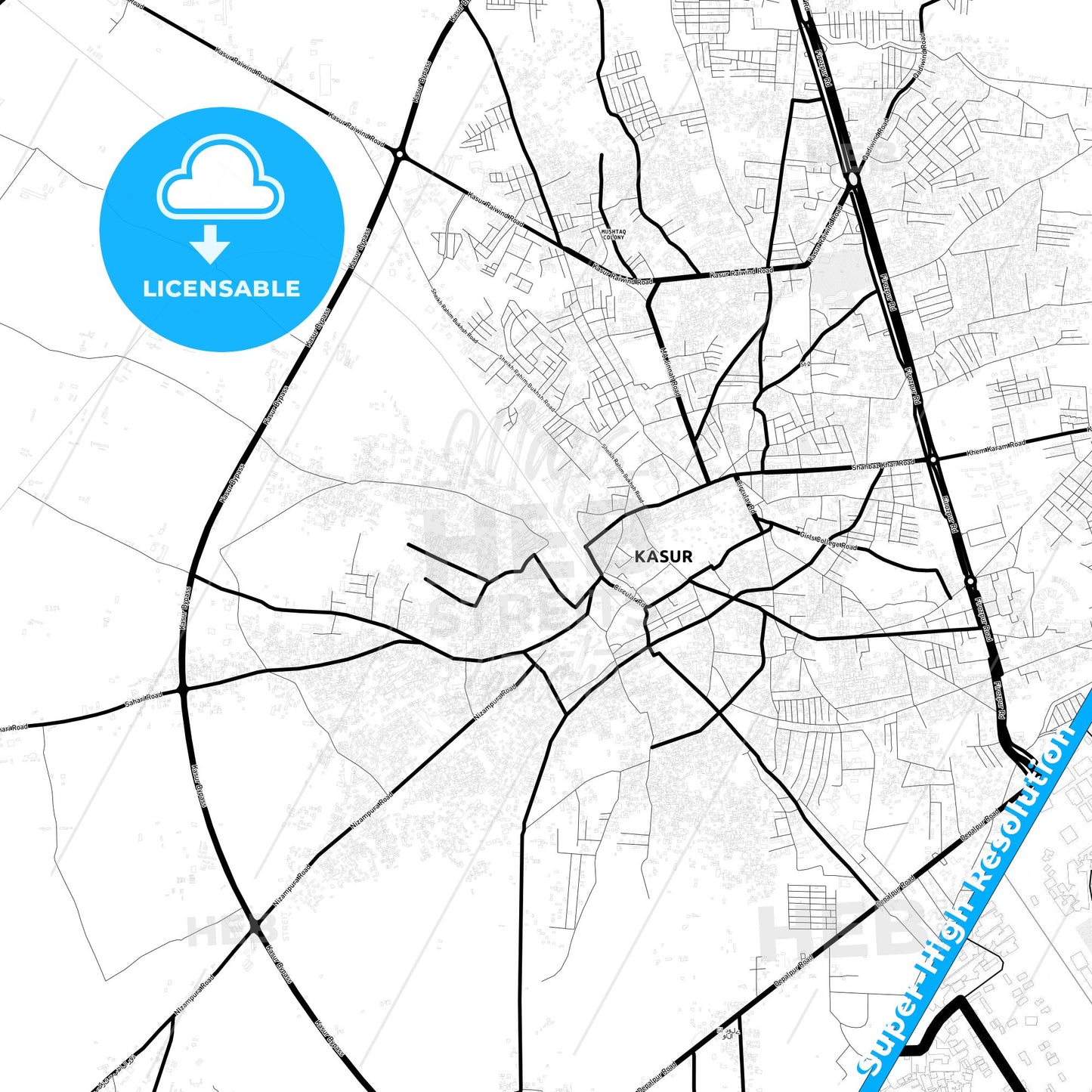 Kasur, Pakistan Light Map with Street Names, City Names, and Districts