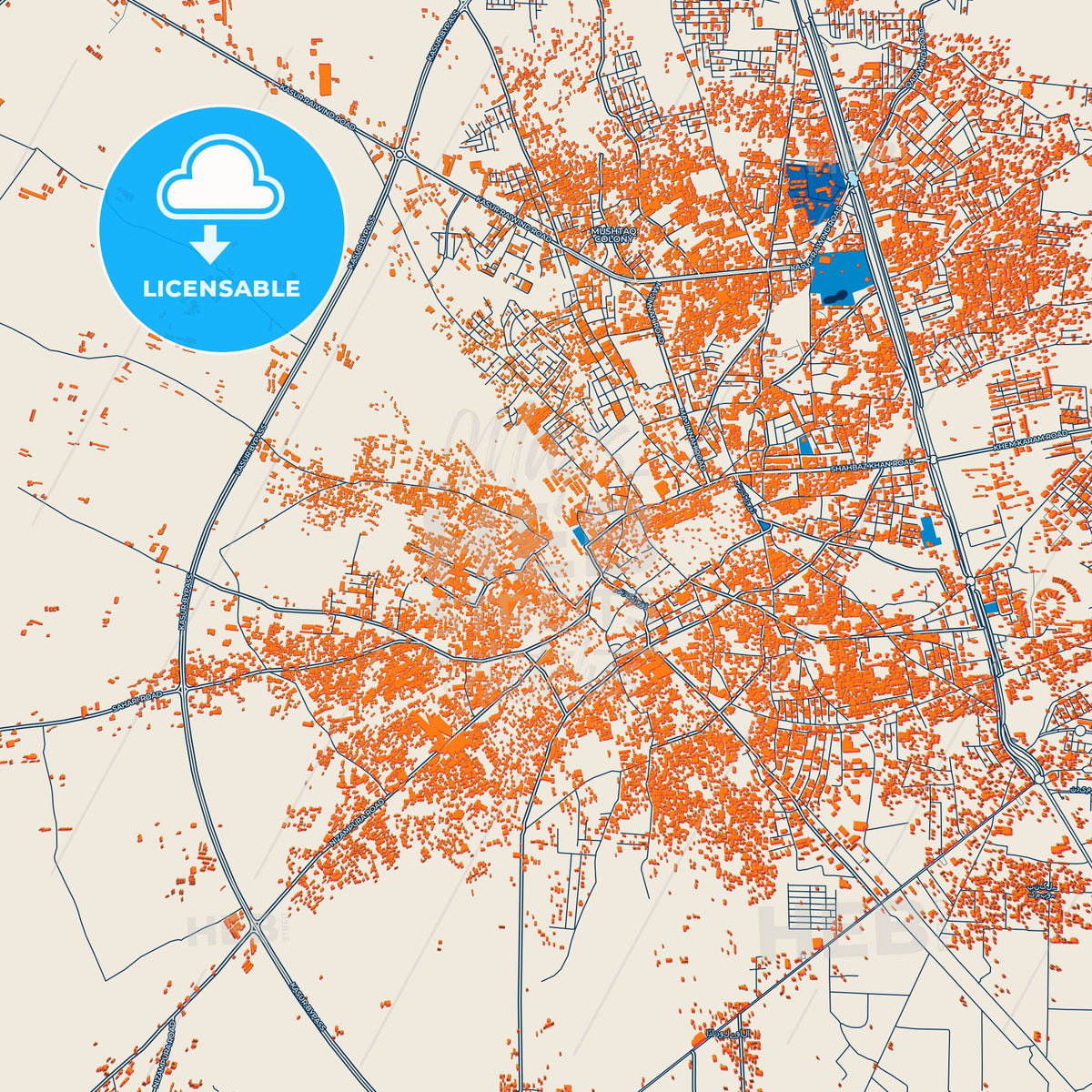 Colorful Kasur Street Map with Labels and Buildings