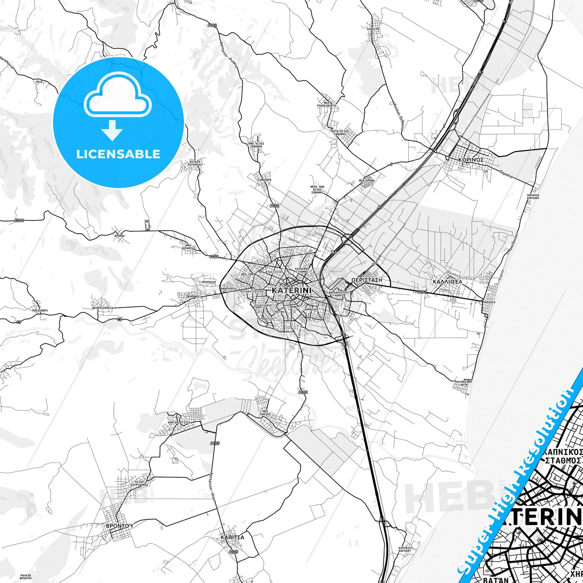 Katerini, Greece light map with streetnames, citynames and districts