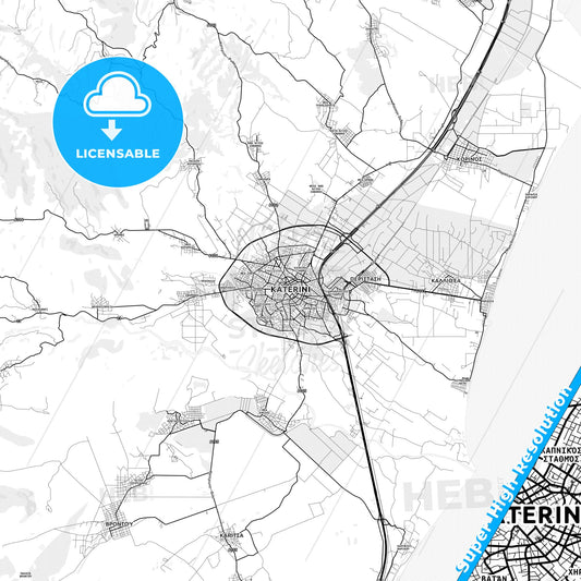 Katerini, Greece light map with streetnames, citynames and districts