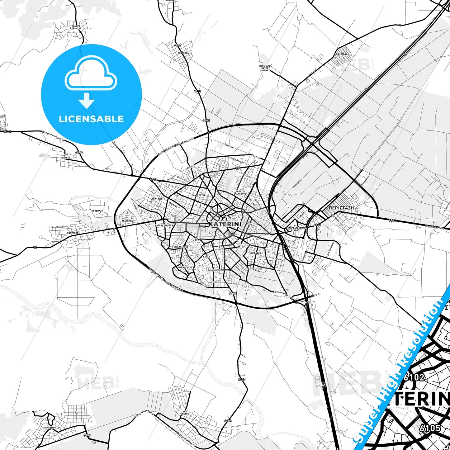 Katerini, Greece Light Map with Street Names, City Names, and Districts
