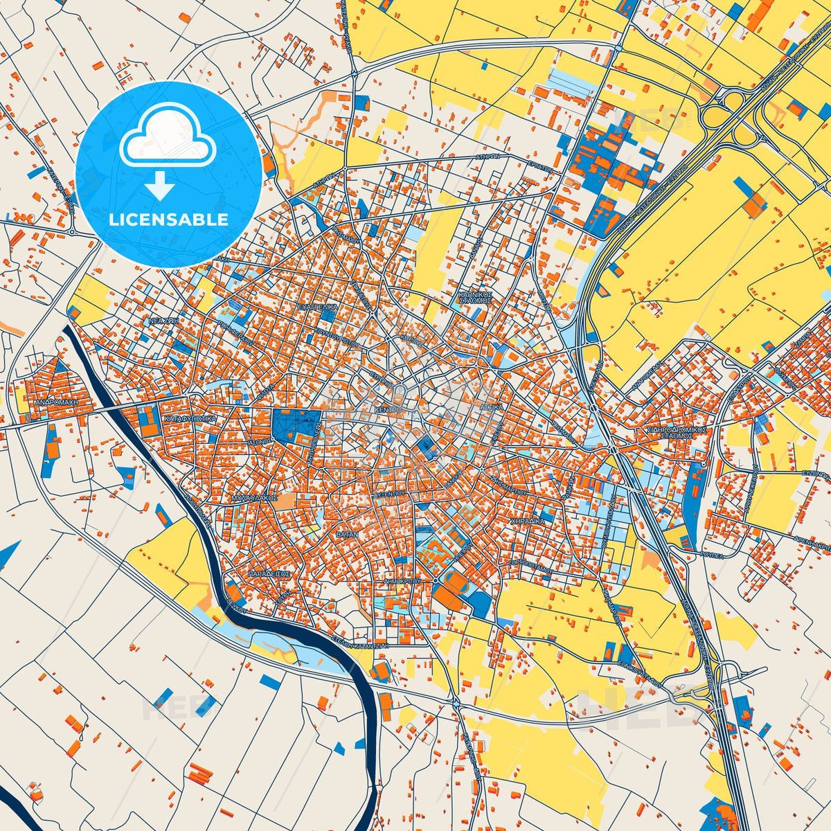 Colorful Katerini Street Map with Labels and Buildings